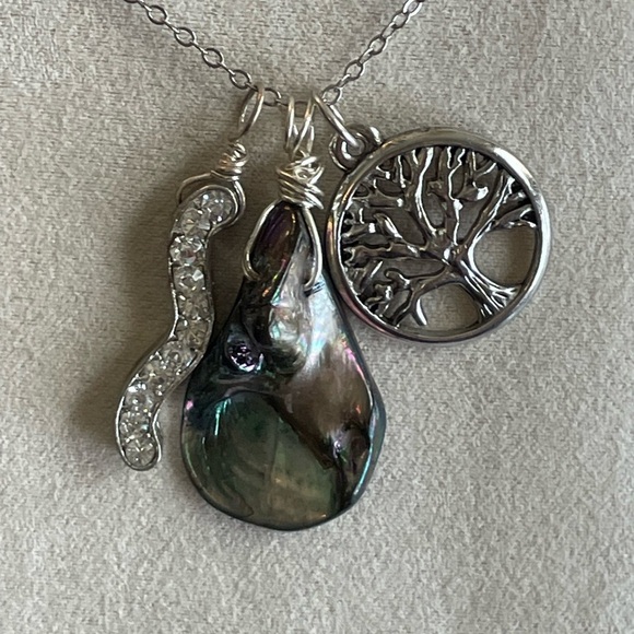 Handmade Jewelry - Abalone Wire Wrapped & Tree of Life Pendant Necklace –Rhinestone Charm –Handmade